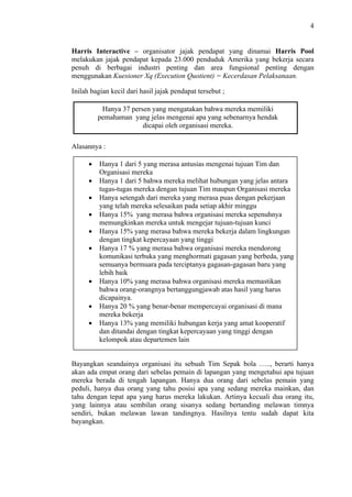 4

Harris Interactive – organisator jajak pendapat yang dinamai Harris Pool
melakukan jajak pendapat kepada 23.000 penduduk Amerika yang bekerja secara
penuh di berbagai industri penting dan area fungsional penting dengan
menggunakan Kuesioner Xq (Execution Quotient) = Kecerdasan Pelaksanaan.
Inilah bagian kecil dari hasil jajak pendapat tersebut ;
Hanya 37 persen yang mengatakan bahwa mereka memiliki
pemahaman yang jelas mengenai apa yang sebenarnya hendak
dicapai oleh organisasi mereka.
Alasannya :
Hanya 1 dari 5 yang merasa antusias mengenai tujuan Tim dan
Organisasi mereka
Hanya 1 dari 5 bahwa mereka melihat hubungan yang jelas antara
tugas-tugas mereka dengan tujuan Tim maupun Organisasi mereka
Hanya setengah dari mereka yang merasa puas dengan pekerjaan
yang telah mereka selesaikan pada setiap akhir minggu
Hanya 15% yang merasa bahwa organisasi mereka sepenuhnya
memungkinkan mereka untuk mengejar tujuan-tujuan kunci
Hanya 15% yang merasa bahwa mereka bekerja dalam lingkungan
dengan tingkat kepercayaan yang tinggi
Hanya 17 % yang merasa bahwa organisasi mereka mendorong
komunikasi terbuka yang menghormati gagasan yang berbeda, yang
semuanya bermuara pada terciptanya gagasan-gagasan baru yang
lebih baik
Hanya 10% yang merasa bahwa organisasi mereka memastikan
bahwa orang-orangnya bertanggungjawab atas hasil yang harus
dicapainya.
Hanya 20 % yang benar-benar mempercayai organisasi di mana
mereka bekerja
Hanya 13% yang memiliki hubungan kerja yang amat kooperatif
dan ditandai dengan tingkat kepercayaan yang tinggi dengan
kelompok atau departemen lain

Bayangkan seandainya organisasi itu sebuah Tim Sepak bola ….., berarti hanya
akan ada empat orang dari sebelas pemain di lapangan yang mengetahui apa tujuan
mereka berada di tengah lapangan. Hanya dua orang dari sebelas pemain yang
peduli, hanya dua orang yang tahu posisi apa yang sedang mereka mainkan, dan
tahu dengan tepat apa yang harus mereka lakukan. Artinya kecuali dua orang itu,
yang lainnya atau sembilan orang sisanya sedang bertanding melawan timnya
sendiri, bukan melawan lawan tandingnya. Hasilnya tentu sudah dapat kita
bayangkan.

 