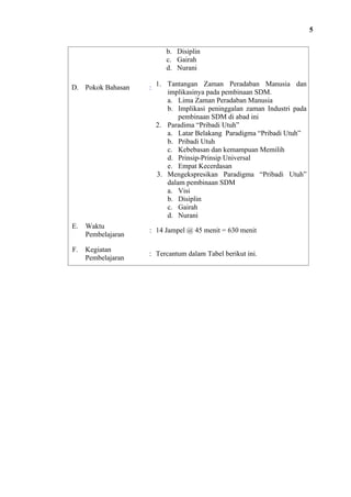 5
b. Disiplin
c. Gairah
d. Nurani
D. Pokok Bahasan

: 1. Tantangan Zaman Peradaban Manusia dan
implikasinya pada pembinaan SDM.
a. Lima Zaman Peradaban Manusia
b. Implikasi peninggalan zaman Industri pada
pembinaan SDM di abad ini
2. Paradima “Pribadi Utuh”
a. Latar Belakang Paradigma “Pribadi Utuh”
b. Pribadi Utuh
c. Kebebasan dan kemampuan Memilih
d. Prinsip-Prinsip Universal
e. Empat Kecerdasan
3. Mengekspresikan Paradigma “Pribadi Utuh”
dalam pembinaan SDM
a. Visi
b. Disiplin
c. Gairah
d. Nurani

E.

Waktu
Pembelajaran

: 14 Jampel @ 45 menit = 630 menit

F.

Kegiatan
Pembelajaran

: Tercantum dalam Tabel berikut ini.

 
