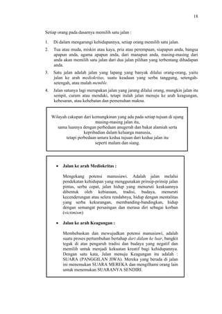 18

Setiap orang pada dasarnya memilih satu jalan :
1.

Di dalam mengarungi kehidupannya, setiap orang memilih satu jalan.

2.

Tua atau muda, miskin atau kaya, pria atau perempuan, siapapun anda, bangsa
apapun anda, agama apapun anda, dari manapun anda, masing-masing dari
anda akan memilih satu jalan dari dua jalan pilihan yang terbentang dihadapan
anda.

3.

Satu jalan adalah jalan yang lapang yang banyak dilalui orang-orang, yaitu
jalan ke arah mediokritas, suatu keadaan yang serba tanggung, setengahsetengah, atau malah memble.

4.

Jalan satunya lagi merupakan jalan yang jarang dilalui orang, mungkin jalan itu
sempit, curam atau mendaki, tetapi itulah jalan menuju ke arah keagungan,
kebesaran, atau kehebatan dan pemenuhan makna.

Wilayah cakupan dari kemungkinan yang ada pada setiap tujuan di ujung
masing-masing jalan itu,
sama luasnya dengan perbedaan anugerah dan bakat alamiah serta
kepribadian dalam keluarga manusia,
tetapi perbedaan antara kedua tujuan dari kedua jalan itu
seperti malam dan siang.

Jalan ke arah Mediokritas :
Mengekang potensi manusiawi. Adalah jalan melalui
pendekatan kehidupan yang menggunakan prinsip-prinsip jalan
pintas, serba cepat, jalan hidup yang menuruti keakuannya
dibentuk oleh kebiasaan, tradisi, budaya, menuruti
kecenderungan atau selera rendahnya, hidup dengan mentalitas
yang serba kekurangan, membanding-bandingkan, hidup
dengan semangat persaingan dan merasa diri sebagai korban
(victimism)
Jalan ke arah Keagungan :
Membebaskan dan mewujudkan potensi manusiawi, adalah
suatu proses pertumbuhan bertahap dari dalam ke luar, bangkit
tegak di atas pengaruh tradisi dan budaya yang negatif dan
memilih untuk menjadi kekuatan kreatif bagi kehidupannya.
Dengan satu kata, Jalan menuju Keagungan itu adalah :
SUARA (PANGGILAN JIWA). Mereka yang berada di jalan
ini menemukan SUARA MEREKA dan mengilhami orang lain
untuk menemukan SUARANYA SENDIRI.

 
