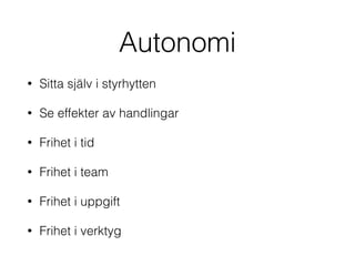 Autonomi 
• Sitta själv i styrhytten 
• Se effekter av handlingar 
• Frihet i tid 
• Frihet i team 
• Frihet i uppgift 
• Frihet i verktyg 
 