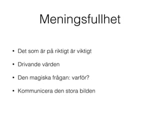 Meningsfullhet 
• Det som är på riktigt är viktigt 
• Drivande värden 
• Den magiska frågan: varför? 
• Kommunicera den stora bilden 
 