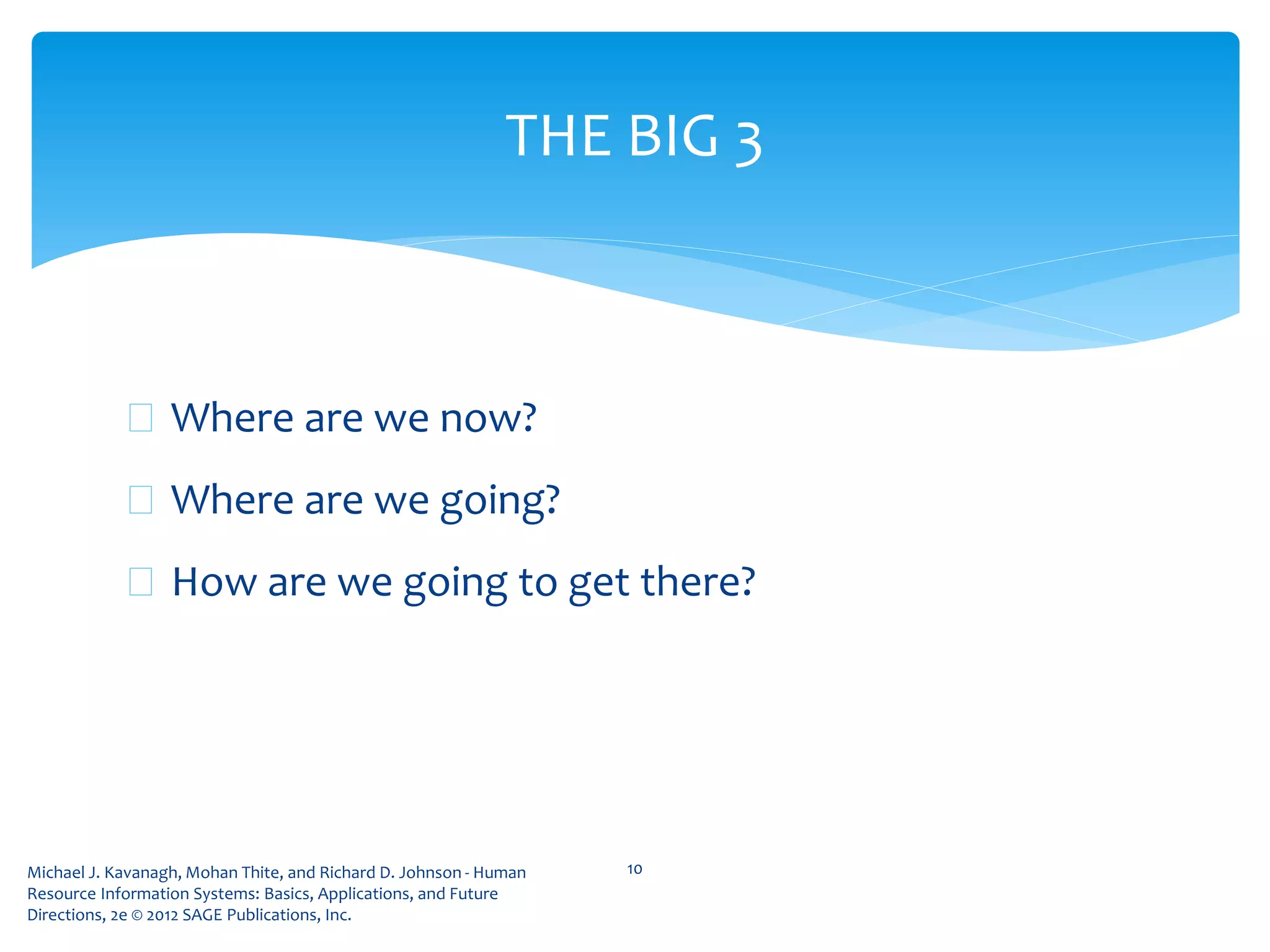 Michael J. Kavanagh, Mohan Thite, and Richard D. Johnson - Human
Resource Information Systems: Basics, Applications, and Future
Directions, 2e © 2012 SAGE Publications, Inc.
 Where are we now?
 Where are we going?
 How are we going to get there?
Revise and revisit these questions
On a regular basis!
10
THE BIG 3
 