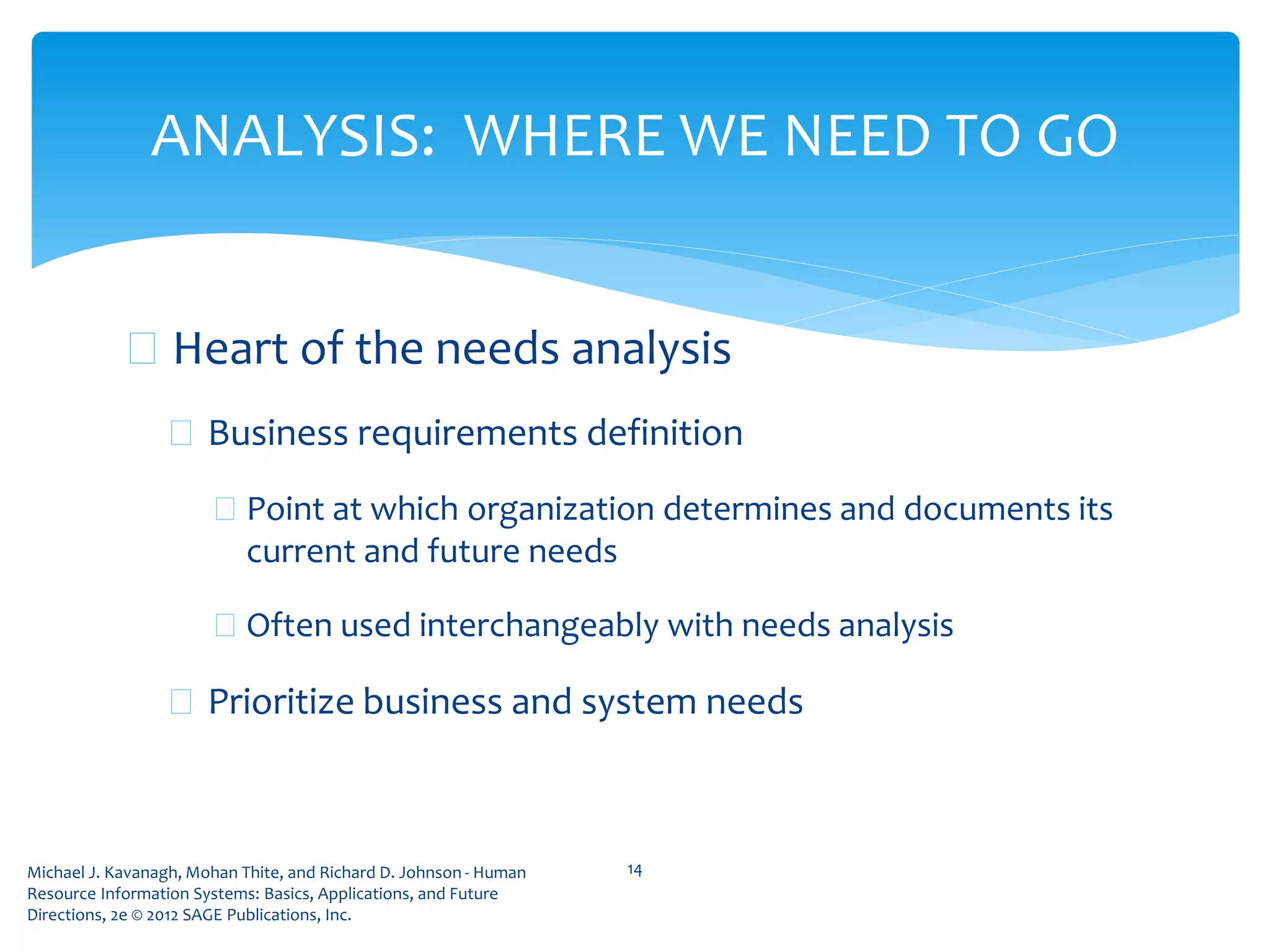 Michael J. Kavanagh, Mohan Thite, and Richard D. Johnson - Human
Resource Information Systems: Basics, Applications, and Future
Directions, 2e © 2012 SAGE Publications, Inc.
 Heart of the needs analysis
 Business requirements definition
 Point at which organization determines and documents its
current and future needs
 Often used interchangeably with needs analysis
 Prioritize business and system needs
14
ANALYSIS: WHERE WE NEED TO GO
 