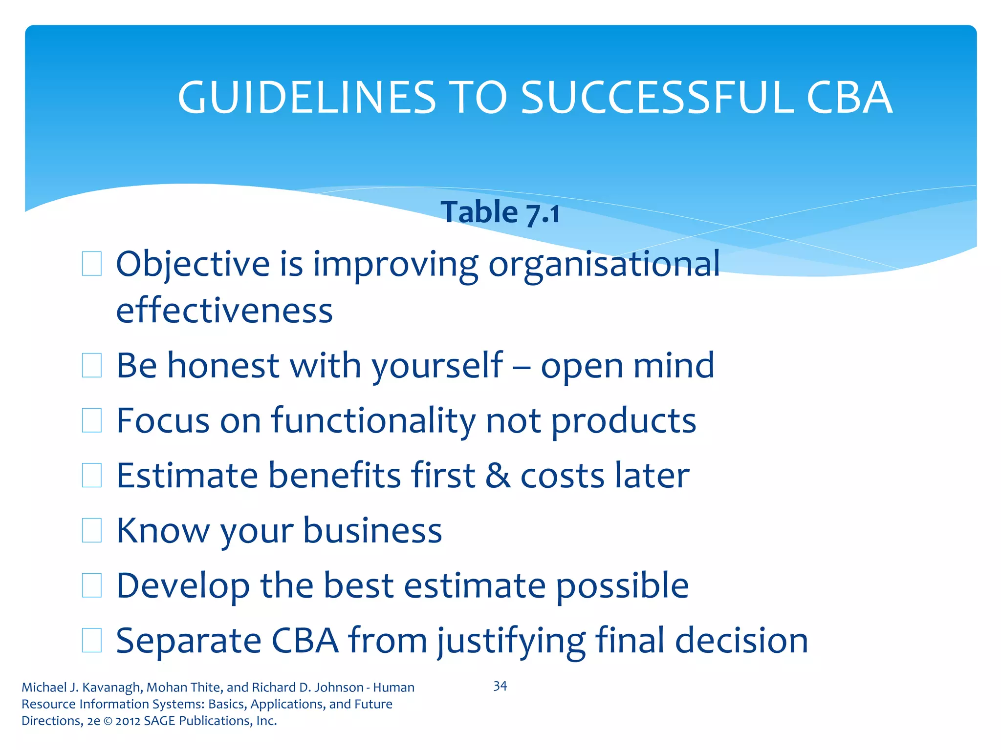 Michael J. Kavanagh, Mohan Thite, and Richard D. Johnson - Human
Resource Information Systems: Basics, Applications, and Future
Directions, 2e © 2012 SAGE Publications, Inc.
GUIDELINES TO SUCCESSFUL CBA
Table 7.1
 Objective is improving organisational
effectiveness
 Be honest with yourself – open mind
 Focus on functionality not products
 Estimate benefits first & costs later
 Know your business
 Develop the best estimate possible
 Separate CBA from justifying final decision
34
 