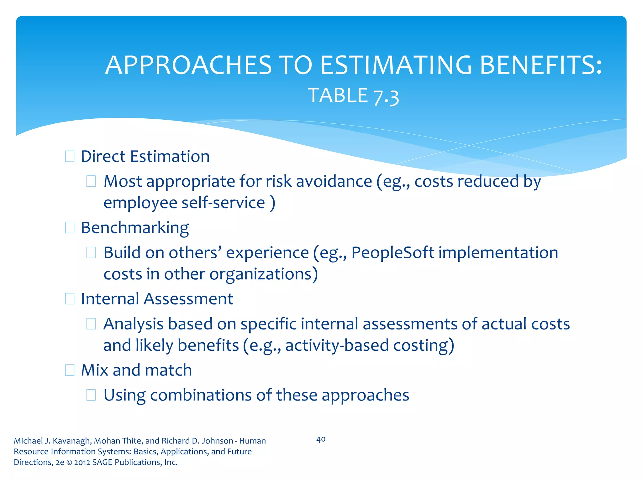 Michael J. Kavanagh, Mohan Thite, and Richard D. Johnson - Human
Resource Information Systems: Basics, Applications, and Future
Directions, 2e © 2012 SAGE Publications, Inc.
APPROACHES TO ESTIMATING BENEFITS:
TABLE 7.3
 Direct Estimation
 Most appropriate for risk avoidance (eg., costs reduced by
employee self-service )
 Benchmarking
 Build on others’ experience (eg., PeopleSoft implementation
costs in other organizations)
 Internal Assessment
 Analysis based on specific internal assessments of actual costs
and likely benefits (e.g., activity-based costing)
 Mix and match
 Using combinations of these approaches
40
 