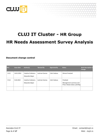  

	
  

	
  

	
  
	
  

CLUJ IT Cluster - HR Group
HR Needs Assessment Survey Analysis
	
  
	
  
Document change control

	
  
Rev.	
  

Issue	
  date	
  

Revised	
  By	
  

Approved	
  By	
  

Status	
  

Brief	
  description	
  of	
  
change	
  

10.01.2014	
  

V	
  0.1	
  

Author(s)	
  

Catalina	
  Ciubotaru	
  

Iustinian	
  Sovrea	
  

Calin	
  Vaduva	
  

Almost	
  Finalized	
  

	
  

Iustinian	
  Sovrea	
  

Calin	
  Vaduva	
  

Finalized	
  

Alexandra	
  Bayer	
  
V	
  0.2	
  

5.02.2014	
  

Catalina	
  Ciubotaru	
  
Alexandra	
  Bayer	
  

	
  

	
  

Asociația CLUJ IT
Page 1 of 17

	
  

	
  

Management	
  summary	
  and	
  
Press	
  release	
  status:	
  pending	
  
	
  

	
  

	
  

	
  

Email: contact@clujit.ro
Web: clujit.ro

 