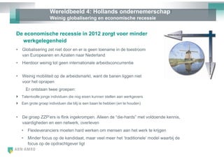 Wereldbeeld 4: Hollands ondernemerschap!
                    Weinig globalisering en economische recessie


De economische recessie in 2012 zorgt voor minder
  werkgelegenheid
•   Globalisering zet niet door en er is geen toename in de toestroom
    van Europeanen en Aziaten naar Nederland
•   Hierdoor weinig tot geen internationale arbeidsconcurrentie


•   Weinig mobiliteit op de arbeidsmarkt, want de banen liggen niet
    voor het oprapen
        Er ontstaan twee groepen:
 Talentvolle jonge individuen die nog eisen kunnen stellen aan werkgevers
 Een grote groep individuen die blij is een baan te hebben (en te houden)


•   De groep ZZP‘ers is flink ingekrompen. Alleen de ―die-hards‖ met voldoende kennis,
    vaardigheden en een netwerk, overleven
    •    Flexleveranciers moeten hard werken om mensen aan het werk te krijgen
    •    Minder focus op de kandidaat, maar veel meer het ‗traditionele‘ model waarbij de
         focus op de opdrachtgever ligt
 