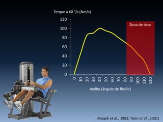 Joelho (ângulo de flexão)
Torque a 60 °/s (Nm/s)
(Knapik et al., 1983; Yoon et al., 2001)
0
20
40
60
80
100
120
0
10
20
30
40
50
60
70
80
90
100
110
120
Zona de risco
 