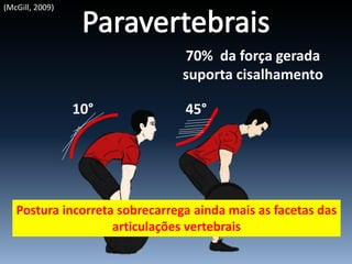 70% da força gerada
suporta cisalhamento
10° 45°
(McGill, 2009)
Postura incorreta sobrecarrega ainda mais as facetas das
articulações vertebrais
 