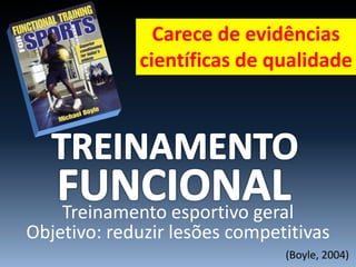 Treinamento esportivo geral
(Boyle, 2004)
Objetivo: reduzir lesões competitivas
Carece de evidências
científicas de qualidade
 