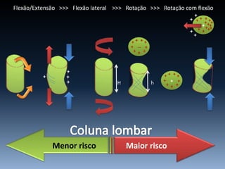 Menor risco Maior risco
+
+
+
+
+
+ + + +
+
+++
--
H h +
+ + + +
+
+++
+
+
+ + + +
+
+++
+ +
+
++
+
+
+
+
+
Flexão/Extensão >>> Flexão lateral >>> Rotação >>> Rotação com flexão
 
