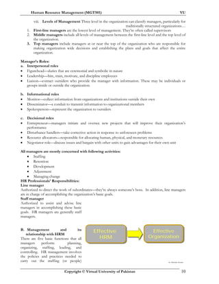 Human Resource Management (MGT501) VU
Copyright © Virtual University of Pakistan 10
Dr. Mukhtar Ahmed
Effective
HRM
Effective
HRM
Effective
Organization
Effective
Organization
viii. Levels of Management Three level in the organization can classify managers, particularly for
traditionally structured organizations…
1. First-line managers are the lowest level of management. They’re often called supervisors
2. Middle managers include all levels of management between the first-line level and the top level of
the organization.
3. Top managers include managers at or near the top of the organization who are responsible for
making organization wide decisions and establishing the plans and goals that affect the entire
organization.
Manager’s Roles:
a. Interpersonal roles
• Figurehead—duties that are ceremonial and symbolic in nature
• Leadership—hire, train, motivate, and discipline employees
• Liaison—contact outsiders who provide the manager with information. These may be individuals or
groups inside or outside the organization.
b. Informational roles
• Monitor—collect information from organizations and institutions outside their own
• Disseminator—a conduit to transmit information to organizational members
• Spokesperson—represent the organization to outsiders
c. Decisional roles
• Entrepreneur—managers initiate and oversee new projects that will improve their organization’s
performance
• Disturbance handlers—take corrective action in response to unforeseen problems
• Resource allocators—responsible for allocating human, physical, and monetary resources
• Negotiator role—discuss issues and bargain with other units to gain advantages for their own unit
All managers are mostly concerned with following activities:
• Staffing
• Retention
• Development
• Adjustment
• Managing change
HR Professionals’ Responsibilities:
Line manager
Authorized to direct the work of subordinates—they’re always someone’s boss. In addition, line managers
are in charge of accomplishing the organization’s basic goals.
Staff manager
Authorized to assist and advise line
managers in accomplishing these basic
goals. HR managers are generally staff
managers.
B. Management and its
relationship with HRM
There are five basic functions that all
managers perform: planning,
organizing, staffing, leading, and
controlling. HR management involves
the policies and practices needed to
carry out the staffing (or people)
 
