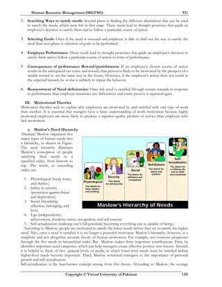 Human Resource Management (MGT501) VU
Copyright © Virtual University of Pakistan 140
2. Searching Ways to satisfy needs: Second phase is finding the different alternatives that can be used
to satisfy the needs, which were felt in first stage. These needs lead to thought processes that guide an
employee’s decision to satisfy them and to follow a particular course of action
3. Selecting Goals: Once if the need is assessed and employee is able to find out the way to satisfy the
need than next phase is selection of goals to be performed.
4. Employee Performance: These needs lead to thought processes that guide an employee’s decision to
satisfy them and to follow a particular course of action in form of performance.
5. Consequences of performance Reward/punishments: If an employee’s chosen course of action
results in the anticipated out come and reward, that person is likely to be motivated by the prospect of a
similar reward to act the same way in the future. However, if the employee’s action does not result in
the expected reward, he or she is unlikely to repeat the behavior
6. Reassessment of Need deficiencies: Once felt need is satisfied through certain rewards in response
to performance than employee reassesses any deficiencies and entire process is repeated again.
III. Motivational Theories
Motivation theories seek to explain why employees are motivated by and satisfied with one type of work
than another. It is essential that mangers have a basic understanding of work motivation because highly
motivated employees are more likely to produce a superior quality product or service than employee who
lack motivation
a. Maslow’s Need Hierarchy
Abraham Maslow organized five
major types of human needs into
a hierarchy, as shown in Figure.
The need hierarchy illustrates
Maslow’s conception of people
satisfying their needs in a
specified order, from bottom to
top. The needs, in ascending
order, are:
1. Physiological (food, water,
and shelter.)
2. Safety or security
(protection against threat
and deprivation)
3. Social (friendship,
affection, belonging, and
love)
4. Ego (independence,
achievement, freedom, status, recognition, and self-esteem)
5. Self-actualization (realizing one’s full potential; becoming everything one is capable of being.)
According to Maslow, people are motivated to satisfy the lower needs before they try to satisfy the higher
need. Also, once a need is satisfied it is no longer a powerful motivator. Maslow’s hierarchy, however, is a
simplistic and not altogether accurate theory of human motivation. For example, not everyone progresses
through the five needs in hierarchical order. But Maslow makes three important contributions. First, he
identifies important need categories, which can help managers create effective positive rein forcers. Second,
it is helpful to think of two general levels of needs, in which lower-level needs must be satisfied before
higher-level needs become important. Third, Maslow sensitized managers to the importance of personal
growth and self-actualization.
Self-actualization is the best-known concept arising from this theory. According to Maslow, the average
Maslow’s Hierarchy of Needs
Physiological
Security
Social
Self-Esteem
Self-
Actualization
The desire for
food, shelter,
and clothing
The desire
for job security
The desire for
affiliation and
acceptance
The desire for
status and
position
The desire for
a fulfilling life
and to fulfill
one’s potential
 