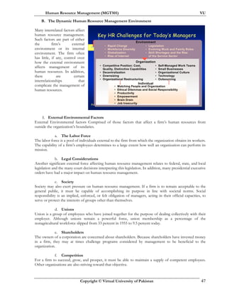 Human Resource Management (MGT501) VU
Copyright © Virtual University of Pakistan 47
Prentice Hall, © 2003
Key HR Challenges for Today’s Managers
Environment
• Rapid Change
• Workforce Diversity
• Globalization
• Rise of Internet
• Legislation
• Evolving Work and Family Roles
• Skill Shortages and the Rise
of the Service Sector
Organization
• Competitive Position: Cost,
Quality, Distinctive Capabilities
• Decentralization
• Downsizing
• Organizational Restructuring
• Self-Managed Work Teams
• Small Businesses
• Organizational Culture
• Technology
• Outsourcing
Individual
• Matching People and Organization
• Ethical Dilemmas and Social Responsibility
• Productivity
• Empowerment
• Brain Drain
• Job Insecurity
B. The Dynamic Human Resource Management Environment
Many interrelated factors affect
human resource management.
Such factors are part of either
the firm’s external
environment or its internal
environment. The firm often
has little, if any, control over
how the external environment
affects management of its
human resources. In addition,
there are certain
interrelationships that
complicate the management of
human resources.
I. External Environmental Factors
External Environmental factors Comprised of those factors that affect a firm’s human resources from
outside the organization’s boundaries.
a. The Labor Force
The labor force is a pool of individuals external to the firm from which the organization obtains its workers.
The capability of a firm’s employees determines to a large extent how well an organization can perform its
mission.
b. Legal Considerations
Another significant external force affecting human resource management relates to federal, state, and local
legislation and the many court decisions interpreting this legislation. In addition, many presidential executive
orders have had a major impact on human resource management.
c. Society
Society may also exert pressure on human resource management. If a firm is to remain acceptable to the
general public, it must be capable of accomplishing its purpose in line with societal norms. Social
responsibility is an implied, enforced, or felt obligation of managers, acting in their official capacities, to
serve or protect the interests of groups other than themselves.
d. Unions
Union is a group of employees who have joined together for the purpose of dealing collectively with their
employer. Although unions remain a powerful force, union membership as a percentage of the
nonagricultural workforce slipped from 33 percent in 1955 to 9.5 percent today.
e. Shareholders
The owners of a corporation are concerned about shareholders. Because shareholders have invested money
in a firm, they may at times challenge programs considered by management to be beneficial to the
organization.
f. Competition
For a firm to succeed, grow, and prosper, it must be able to maintain a supply of competent employees.
Other organizations are also striving toward that objective.
 