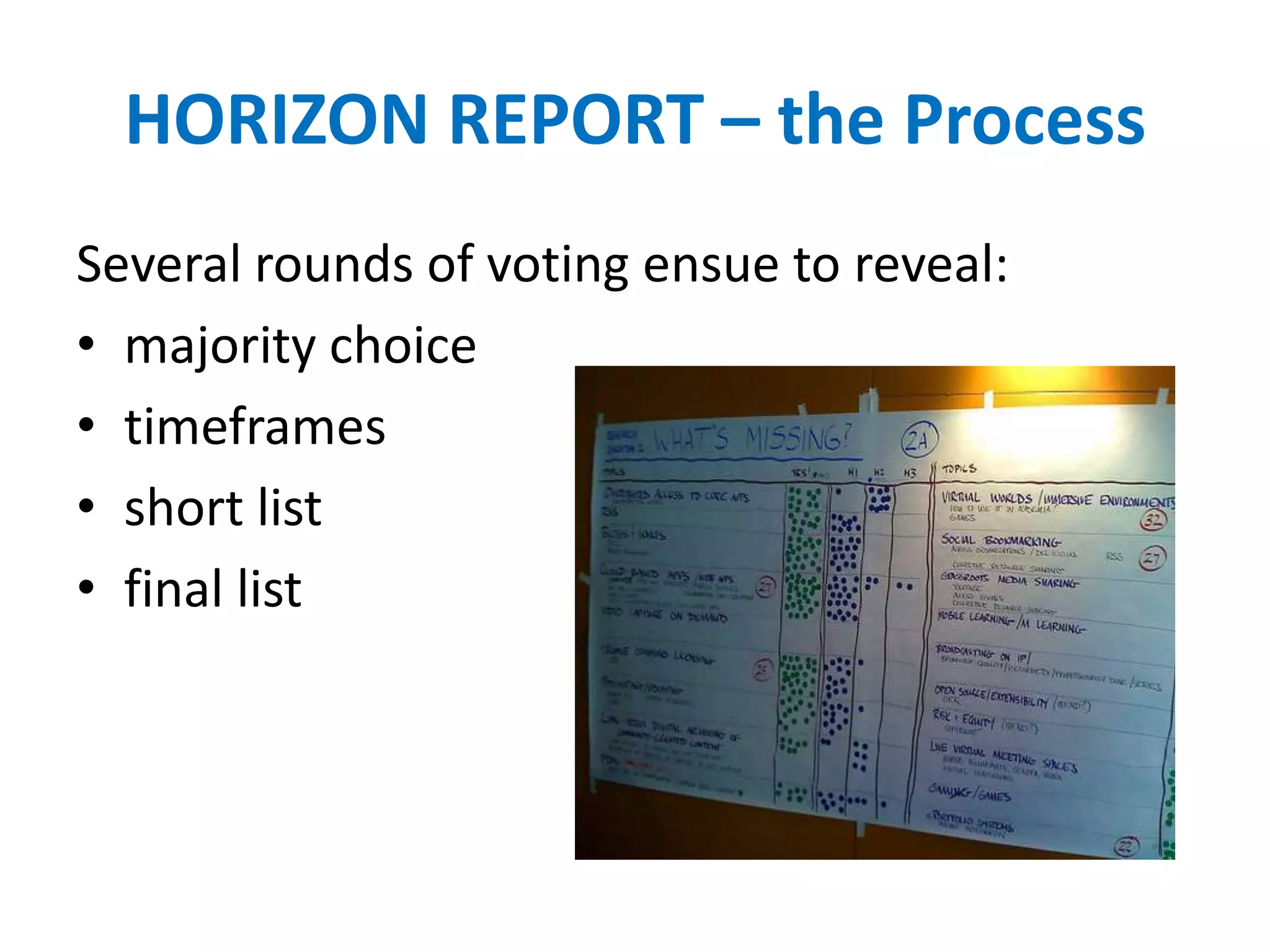 HORIZON REPORT – the Process
Several rounds of voting ensue to reveal:
• majority choice
• timeframes
• short list
• final list
 