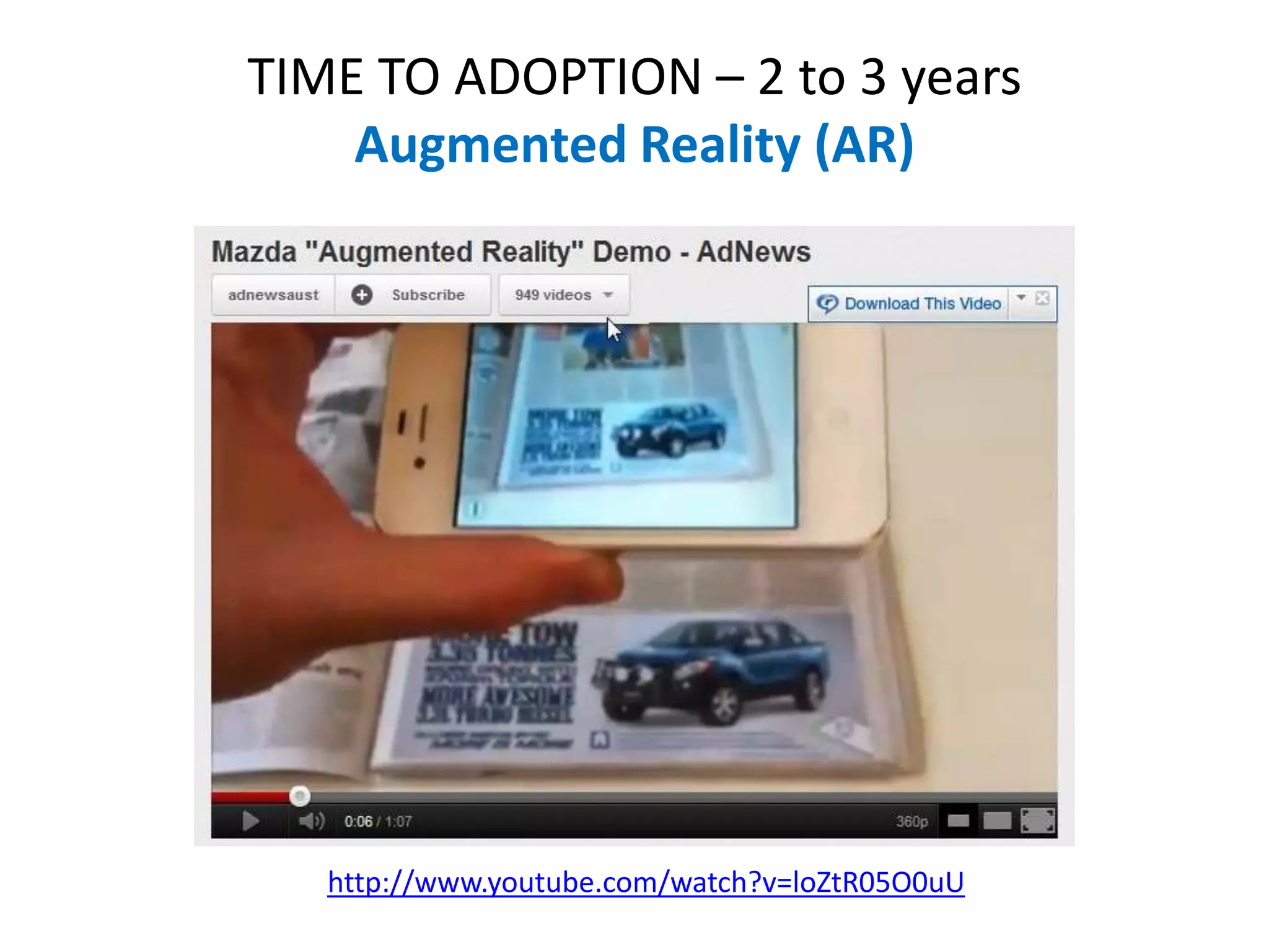 TIME TO ADOPTION – 2 to 3 years
    Augmented Reality (AR)




   http://www.youtube.com/watch?v=loZtR05O0uU
 