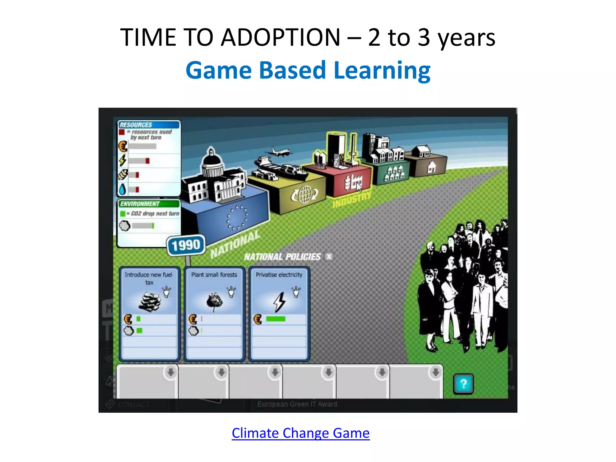 TIME TO ADOPTION – 2 to 3 years
     Game Based Learning




         Climate Change Game
 