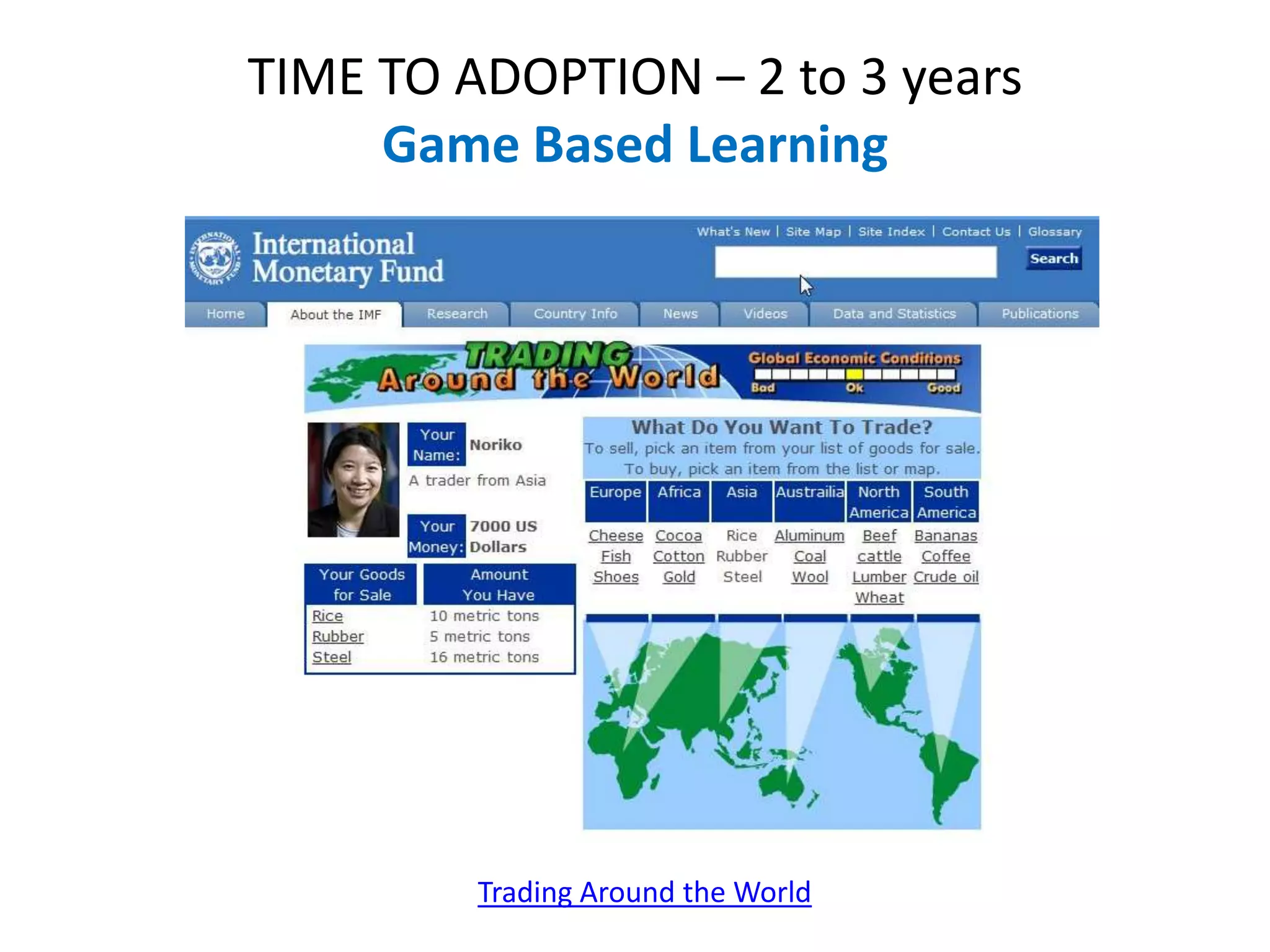 TIME TO ADOPTION – 2 to 3 years
     Game Based Learning




         Trading Around the World
 