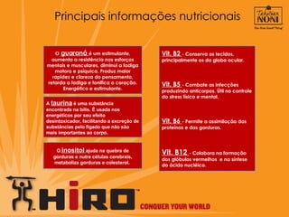 Principais informações nutricionais O   guaraná  é um estimulante, aumenta a resistência nos esforços mentais e musculares, diminui a fadiga motora e psíquica. Produz maior rapidez e clareza do pensamento, retarda a fadiga e tonifica o coração. Energético e estimulante. O   inositol   ajuda na quebra de gorduras e nutre células cerebrais, metaboliza gorduras e colesterol.  A  taurina  é uma substância encontrada na bílis. É usada nos energéticos por seu efeito desintoxicador, facilitando a excreção de substâncias pelo fígado que não são mais importantes ao corpo.  Vit. B2  - Conserva os tecidos, principalmente os do globo ocular. Vit. B5  - Combate as infecções produzindo anticorpos. Útil no controle do stress físico e mental. Vit. B6  - Permite a assimilação das proteínas e das gorduras. Vit. B12  - Colabora na formação dos glóbulos vermelhos  e na síntese do ácido nucléico. 