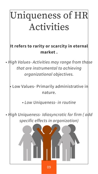Uniqueness of HR
Activities
It refers to rarity or scarcity in eternal
market .
• High Values- Activities may range from those
that are instrumental to achieving
organizational objectives.
• Low Values- Primarily administrative in
nature.
• Low Uniqueness- in routine
• High Uniqueness- Idiosyncratic for firm ( add
specific effects in organization)
09
 