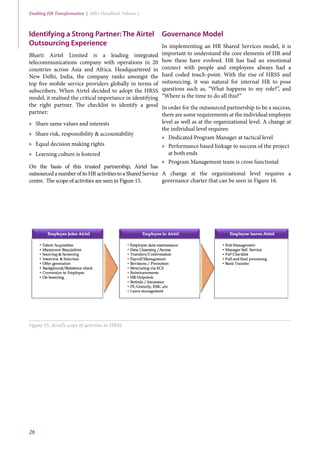 26
Enabling HR Transformation | HRO Handbook Volume 2
Identifying a Strong Partner: The Airtel
Outsourcing Experience
Bharti Airtel Limited is a leading integrated
telecommunications company with operations in 20
countries across Asia and Africa. Headquartered in
New Delhi, India, the company ranks amongst the
top five mobile service providers globally in terms of
subscribers. When Airtel decided to adopt the HRSS
model, it realised the critical importance in identifying
the right partner. The checklist to identify a good
partner:
»» Share same values and interests
»» Share risk, responsibility & accountability
»» Equal decision making rights
»» Learning culture is fostered
On the basis of this trusted partnership, Airtel has
outsourcedanumberofitsHRactivitiestoaSharedService
centre. The scope of activities are seen in Figure 15.
Governance Model
In implementing an HR Shared Services model, it is
important to understand the core elements of HR and
how these have evolved. HR has had an emotional
connect with people and employees always had a
hard coded touch-point. With the rise of HRSS and
outsourcing, it was natural for internal HR to pose
questions such as, “What happens to my role?”, and
“Where is the time to do all this?”
In order for the outsourced partnership to be a success,
there are some requirements at the individual employee
level as well as at the organizational level. A change at
the individual level requires:
»» Dedicated Program Manager at tactical level
»» Performance based linkage to success of the project
at both ends
»» Program Management team is cross functional
A change at the organizational level requires a
governance charter that can be seen in Figure 16.
Figure 15: Airtel’s scope of activities in HRSS
 