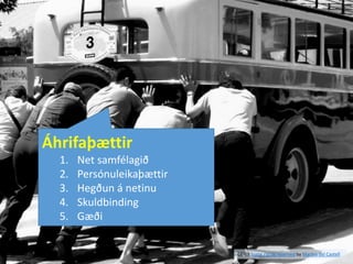 Áhrifaþættir
1. Net samfélagið
2. Persónuleikaþættir
3. Hegðun á netinu
4. Skuldbinding
5. Gæði
CC BY Some rights reserved by Marina del Castell
 