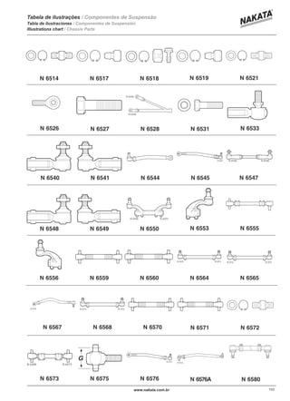 N 6514 N 6517 N 6518 N 6519 N 6521
NN 65276526 N 6528 N 6531 N 6533
N 6540 N 6541 N 6544 N 6545 N 6547
N 6548 N 6549 N 6550 N 6553 N 6555
N 6556 N 6559 N 6560 N 6564 N 6565
N 6567 N 6568 N 6570 N 6571 N 6572
N 6573 N 6575 N 6576 N 6576A N 6580
103103 www.nakata.com.br
Tabela de ilustrações
Tabla de ilustraciones
Illustrations chart
/ Componentes de Suspensão
/ Chassis Parts
/ Componentes de Suspensión
 