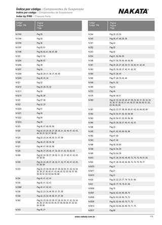 Índice por código / Componentes de Suspensão
Indice por codigo / Componentes de Suspension
Index by P/Nh / Chassis Parts
Página/
Pagina/
Page
Codigo/
Codigo/ PIN
N 5193 Pag 55
N 5194 Pag 55
N 5195 Pag 56
N 5197 Pag 60, 61
N 5198 Pag 55, 60, 61, 66, 67, 68
N 520 Pag 51, 52
N 5204 Pag 66, 67
N 5206 Pag 39
N 5207 Pag 55
N 5208 Pag 26, 29, 31, 36, 37, 45, 55
N 5209 Pag 28, 33, 34
N 521 Pag 52
N 5210 Pag 25, 29, 33, 34
N 5211 Pag 55
N 5213 Pag 55, 56
N 522 Pag 57, 58
N 522 Pag 22, 23
N 5220 Pag 51
N 5221 Pag 55
N 5222 Pag 54
N 5223 Pag 55
N 523 Pag 46, 47, 48, 55, 56
N 524 Pag 22, 23, 24, 26, 27, 29, 30, 31, 32, 40, 41, 42, 43,
46, 50, 51, 52, 57, 58, 62
N 525 Pag 22, 23, 24, 46, 50, 51, 57, 58
N 526 Pag 46, 47, 48, 55, 56
N 527 Pag 46, 47, 48, 55, 56
N 528 Pag 26, 27, 29, 30, 31, 32, 40, 41, 42, 43, 62, 63
N 529 Pag 22, 24, 26, 27, 29, 30, 31, 32, 37, 40, 41, 42, 43,
57, 58, 59
N 530 Pag 23, 24, 26, 27, 29, 30, 31, 32, 37, 40, 41, 42, 43,
57, 58, 59
N 533 Pag 22, 23, 24, 25, 26, 27, 28, 29, 30, 31, 32, 33, 34,
35, 36, 37, 38, 40, 41, 43, 44, 45, 52, 53, 54, 57, 58,
59, 60, 61, 62, 63, 64, 65, 66
N 534 Pag 40, 41, 42, 43
N 535 Pag 40, 41, 42, 43
N 536E Pag 40, 41, 42, 43
N 538 Pag 22, 23, 24, 46, 50, 51, 57, 58
N 539 Pag 22, 23, 24, 46, 50, 51, 57, 58
N 542 Pag 22, 23, 24, 25, 26, 27, 28, 29, 30, 31, 32, 33, 34,
35, 36, 37, 40, 43, 44, 45, 57, 58, 59, 60, 61, 62, 63,
64, 65, 66
N 543 Pag 40, 41
Página/
Pagina/
Page
Codigo/
Codigo/ PIN
N 544 Pag 22, 23, 24
N 545 Pag 46, 47, 48, 55, 56
N 551 Pag 22
N 552 Pag 52
N 553 Pag 52
N 554 Pag 61, 62, 64, 65
N 556 Pag 57, 58, 59, 60, 64, 65, 66
N 561 Pag 25, 26, 27, 29, 30, 31, 32, 40, 41, 42, 43
N 563 Pag 25, 26, 28, 37, 40, 41, 42, 43
N 564 Pag 37, 38, 45
N 565 Pag 37, 38, 39, 45, 46
N 568 Pag 51, 52
N 569 Pag 52
N 572 Pag 49
N 576 Pag 46, 49, 51
N 580 Pag 22, 23, 24, 25, 26, 27, 28, 29, 30, 31, 32, 33, 34,
35, 36, 37, 38, 40, 41, 44, 45, 57, 58, 59, 60, 61, 62,
63, 64, 65, 66
N 581 Pag 22, 23, 57, 58, 59, 60, 61, 62, 63, 64, 65, 66
N 582 Pag 53, 54, 61, 62, 63, 64, 66
N 583 Pag 53, 54, 61, 62, 63, 64, 66
N 585 Pag 25, 26, 28, 37, 40, 41, 42, 43
N 586 Pag 22
N 590 Pag 61, 62, 63, 64, 65, 66
N 592 Pag 47, 48
N 593 Pag 47, 48
N 596 Pag 58, 59, 60
N 598 Pag 53, 54, 55
N 599 Pag 53, 54, 55
N 603 Pag 37, 38, 39, 45, 46, 69, 73, 74, 75, 76, 81, 82
N 604 Pag 37, 38, 39, 45, 46, 69, 73, 74, 75, 76, 77
N 6070 Pag 21
N 6071 Pag 21
N 6072 Pag 21
N 620 Pag 20, 22, 23, 77, 78, 79, 81, 84
N 621 Pag 25, 77, 78, 79, 81, 84
N 6506 Pag 70
N 6507 Pag 62, 63, 64, 65, 68, 70
N 6508 Pag 62, 63, 64, 65, 70, 72
N 6509 Pag 62, 63, 64, 65, 70, 71, 72
N 6514 Pag 62, 63, 64, 65, 69, 70, 71, 75
N 6517 Pag 69
www.nakata.com.br 113113
 