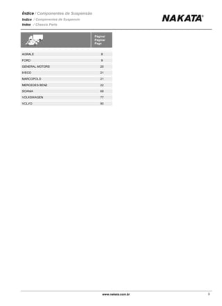 Índice / Componentes de Suspensão
Indice / Componentes de Suspensio
Index / Chassis Parts
Página/
Pagina/
Page
8AGRALE
9FORD
20GENERAL MOTORS
21IVECO
21MARCOPOLO
22MERCEDES BENZ
68SCANIA
77VOLKSWAGEN
90VOLVO
www.nakata.com.br 3
 