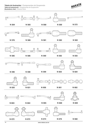 N 576
N 564 N 565 N 568 N 569 N 572
N 580 N 581 N 582 N 583
N 585 N 586 N 590 N 592 N 593
N 599 N 603 N 604
N 620 N 621 N 656 N 661 N 662
N 663 N 664 N 665 N 668 N 669
N 672 N 673 N 674 N 676 N 682
N 596 N 598
96 3www.nakata.com.br
Tabela de ilustrações
Tabla de ilustraciones
Illustrations chart
/ Componentes de Suspensão
/ Chassis Parts
/ Componentes de Suspensión
 