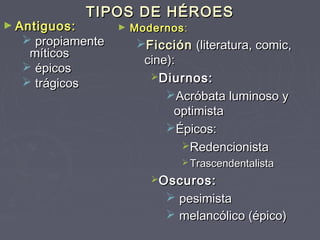 TIPOS DE HÉROES
► Antiguos:       ►   Modernos :
   propiamente        Ficción (literatura, comic,
   míticos
                        cine):
   épicos
                         Diurnos:
   trágicos
                            Acróbata luminoso y
                              optimista
                            Épicos:
                               Redencionista
                                Trascendentalista

                         Oscuros:
                             pesimista
                             melancólico (épico)
 