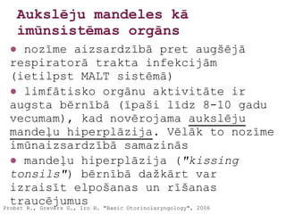 Aukslēju mandeles kā
  imūnsistēmas orgāns
  ● nozīme aizsardzībā pret augšējā
  respiratorā trakta infekcijām
  (ietilpst MALT sistēmā)
  ● limfātisko orgānu aktivitāte ir
  augsta bērnībā (īpaši līdz 8-10 gadu
  vecumam), kad novērojama aukslēju
  mandeļu hiperplāzija. Vēlāk to nozīme
  imūnaizsardzībā samazinās
  ● mandeļu hiperplāzija ("kissing
  tonsils") bērnībā dažkārt var
  izraisīt elpošanas un rīšanas
  traucējumus H. "Basic Otorinolaryngology", 2006
Probst R., Grevers G., Iro
 