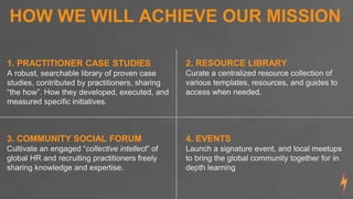 1. PRACTITIONER CASE STUDIES
A robust, searchable library of proven case
studies, contributed by practitioners, sharing
“the how”. How they developed, executed, and
measured specific initiatives.
2. RESOURCE LIBRARY
Curate a centralized resource collection of
various templates, resources, and guides to
access when needed.
3. COMMUNITY SOCIAL FORUM
Cultivate an engaged “collective intellect” of
global HR and recruiting practitioners freely
sharing knowledge and expertise.
4. EVENTS
Launch a signature event, and local meetups
to bring the global community together for in
depth learning
HOW WE WILL ACHIEVE OUR MISSION
 
