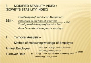 3. MODIFIED STABILITY INDEX :  (BOWEY’S STABILITY INDEX) BSI =  4. Turnover Analysis –  Method of measuring wastage  of Em...