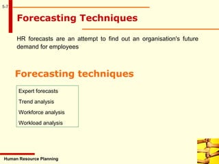 5-7
Forecasting Techniques
HR forecasts are an attempt to find out an organisation's future
demand for employees
Human Resource Planning
Forecasting techniques
Expert forecasts
Trend analysis
Workforce analysis
Workload analysis
 
