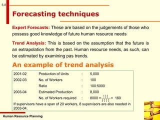 5-8
Human Resource Planning
Expert Forecasts: These are based on the judgements of those who
possess good knowledge of future human resource needs
Trend Analysis: This is based on the assumption that the future is
an extrapolation from the past. Human resource needs, as such, can
be estimated by examining pas trends.
Forecasting techniques
An example of trend analysis
2001-02 Production of Units : 5,000
2002-03 No. of Workers : 100
Ratio : 100:5000
2003-04 Estimated Production : 8,000
No. of Workers required : 8000 × = 160
If supervisors have a span of 20 workers, 8 supervisors are also needed in
2003-04.
1 0 0
5 0 0 0
 