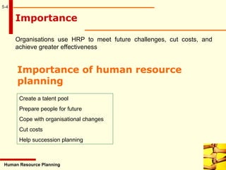 Importance
5-4
Organisations use HRP to meet future challenges, cut costs, and
achieve greater effectiveness
Human Resource Planning
Importance of human resource
planning
Create a talent pool
Prepare people for future
Cope with organisational changes
Cut costs
Help succession planning
 