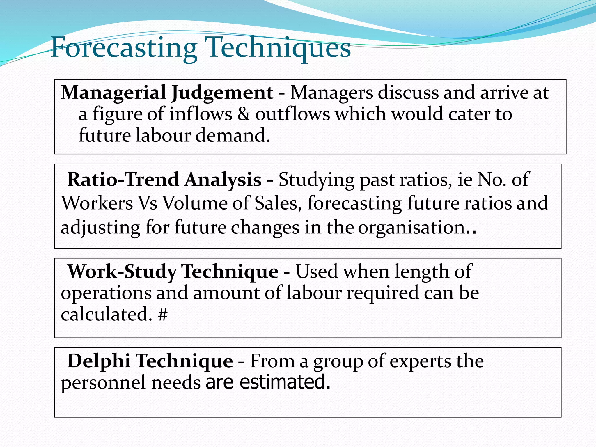 Forecasting Techniques
Managerial Judgement - Managers discuss and arrive at
a figure of inflows & outflows which would cater to
future labour demand.
Ratio-Trend Analysis - Studying past ratios, ie No. of
Workers Vs Volume of Sales, forecasting future ratios and
adjusting for future changes in the organisation..
Work-Study Technique - Used when length of
operations and amount of labour required can be
calculated. #
Delphi Technique - From a group of experts the
personnel needs are estimated.
 