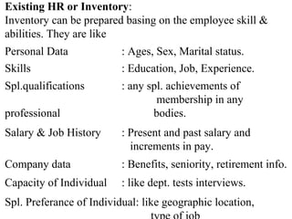 Existing HR or Inventory:
Inventory can be prepared basing on the employee skill &
abilities. They are like
Personal Data : Ages, Sex, Marital status.
Skills : Education, Job, Experience.
Spl.qualifications : any spl. achievements of
membership in any
professional bodies.
Salary & Job History : Present and past salary and
increments in pay.
Company data : Benefits, seniority, retirement info.
Capacity of Individual : like dept. tests interviews.
Spl. Preferance of Individual: like geographic location,
 