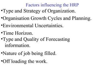 Factors influencing the HRP
•Type and Strategy of Organization.
•Organisation Growth Cycles and Planning.
•Environmental Uncertainties.
•Time Horizon.
•Type and Quality of Forecasting
information.
•Nature of job being filled.
•Off loading the work.
 