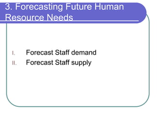 3. Forecasting Future Human
Resource Needs
I. Forecast Staff demand
II. Forecast Staff supply
 