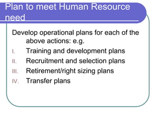 Plan to meet Human Resource
need
Develop operational plans for each of the
above actions: e.g.
I. Training and development plans
II. Recruitment and selection plans
III. Retirement/right sizing plans
IV. Transfer plans
 