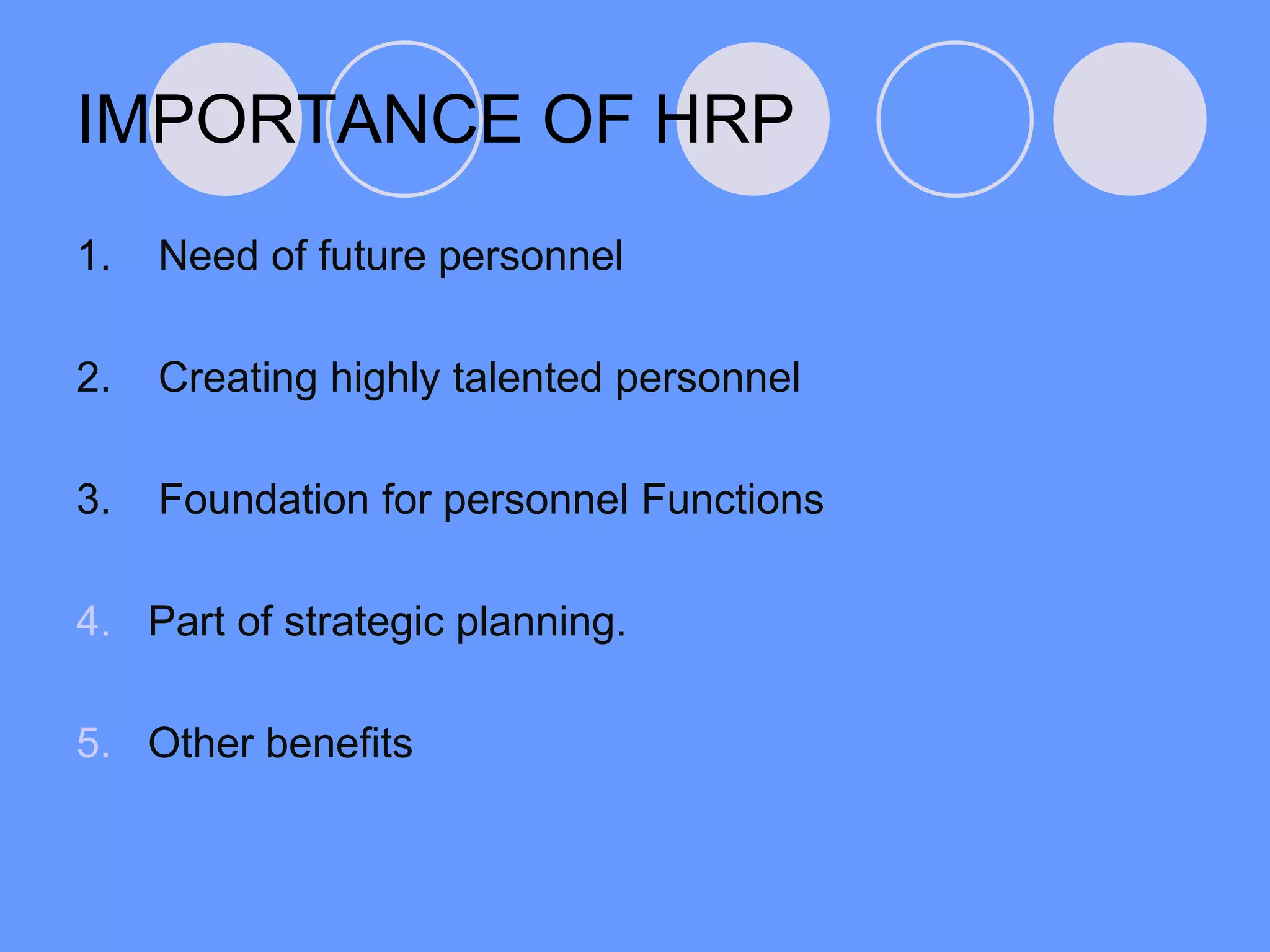 IMPORTANCE OF HRP
1. Need of future personnel
2. Creating highly talented personnel
3. Foundation for personnel Functions
4. Part of strategic planning.
5. Other benefits
 