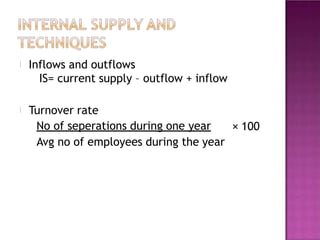 Inflows and outflows
IS= current supply – outflow + inflow
Turnover rate
No of seperations during one year
Avg no of employees during the year
× 100
 