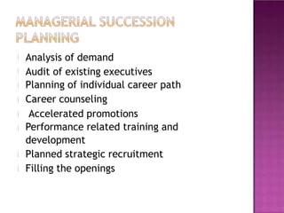Analysis of demand
Audit of existing executives
Planning of individual career path
Career counseling
Accelerated promotions
Performance related training and
development
Planned strategic recruitment
Filling the openings
 