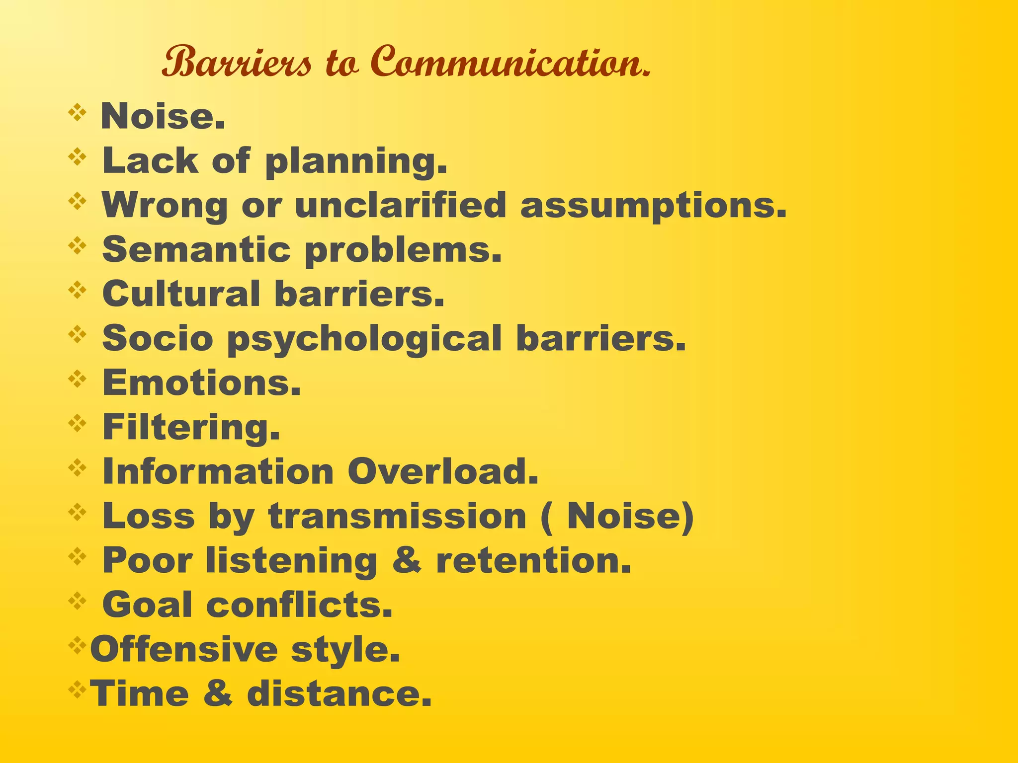 Barriers to Communication.
 Noise.
 Lack of planning.
 Wrong or unclarified assumptions.
 Semantic problems.
 Cultural barriers.
 Socio psychological barriers.
 Emotions.
 Filtering.
 Information Overload.
 Loss by transmission ( Noise)
 Poor listening & retention.
 Goal conflicts.
Offensive style.
Time & distance.
 