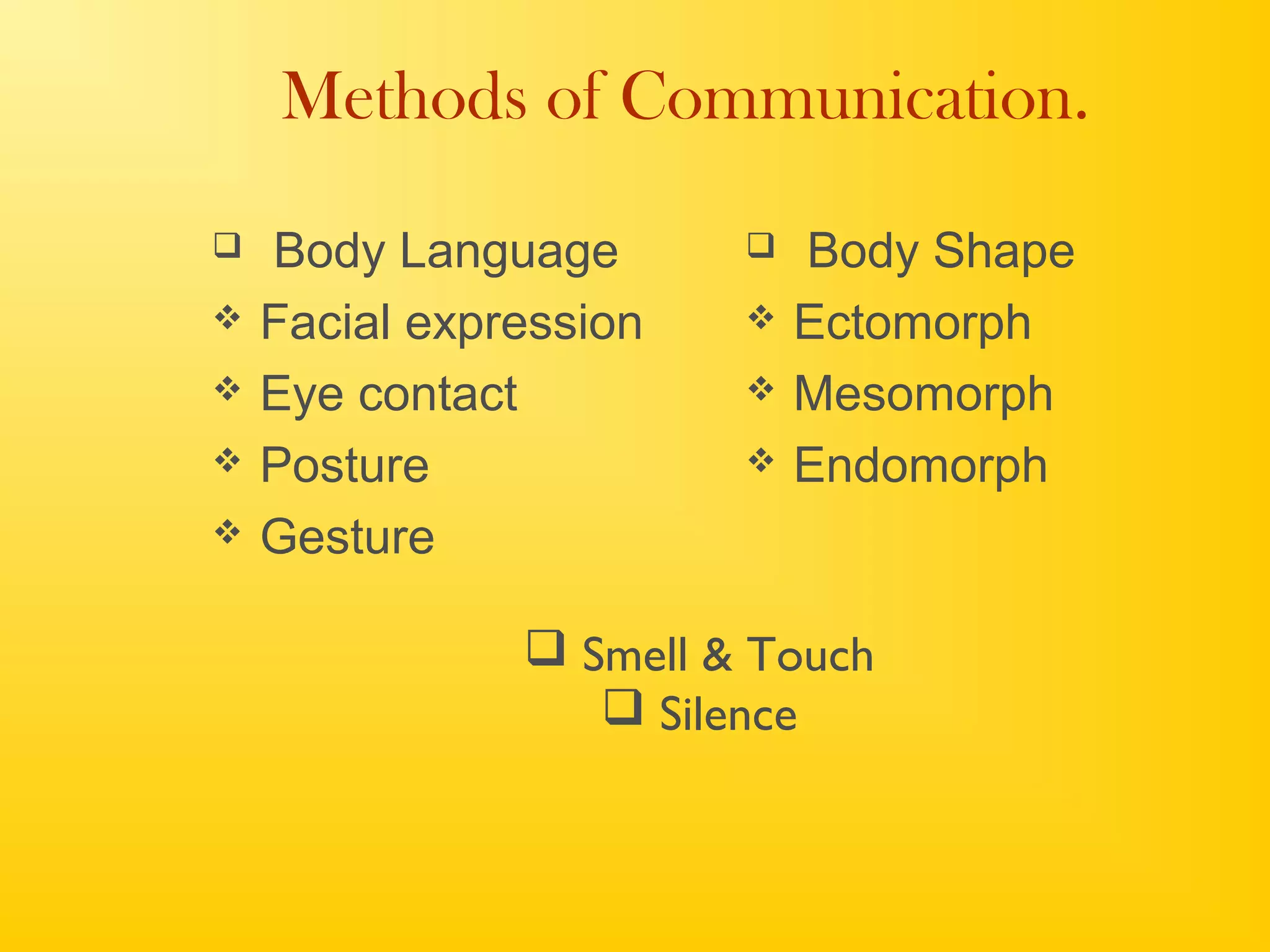 Methods of Communication.
 Body Language
 Facial expression
 Eye contact
 Posture
 Gesture
 Body Shape
 Ectomorph
 Mesomorph
 Endomorph
 Smell & Touch
 Silence
 