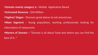 Zomato mainly category is - Mobile Application Based
Estimated Revenue - $50 Million
Tagline/ Slogan - Discover great places to eat around you
Main Segment - Young population, working professionals looking for
information of restaurants
Mantra of Zomato – “Zomato is all about Food and where you can find the
best of it. “
 