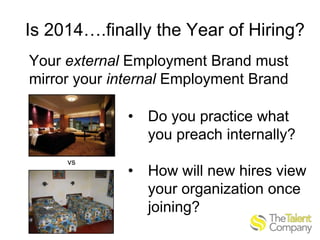 Is 2014….finally the Year of Hiring?
Your external Employment Brand must
mirror your internal Employment Brand
• Do you practice what
you preach internally?
vs

• How will new hires view
your organization once
joining?

 