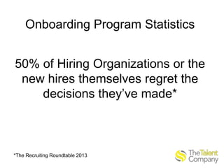 Onboarding Program Statistics
50% of Hiring Organizations or the
new hires themselves regret the
decisions they’ve made*

*The Recruiting Roundtable 2013

 